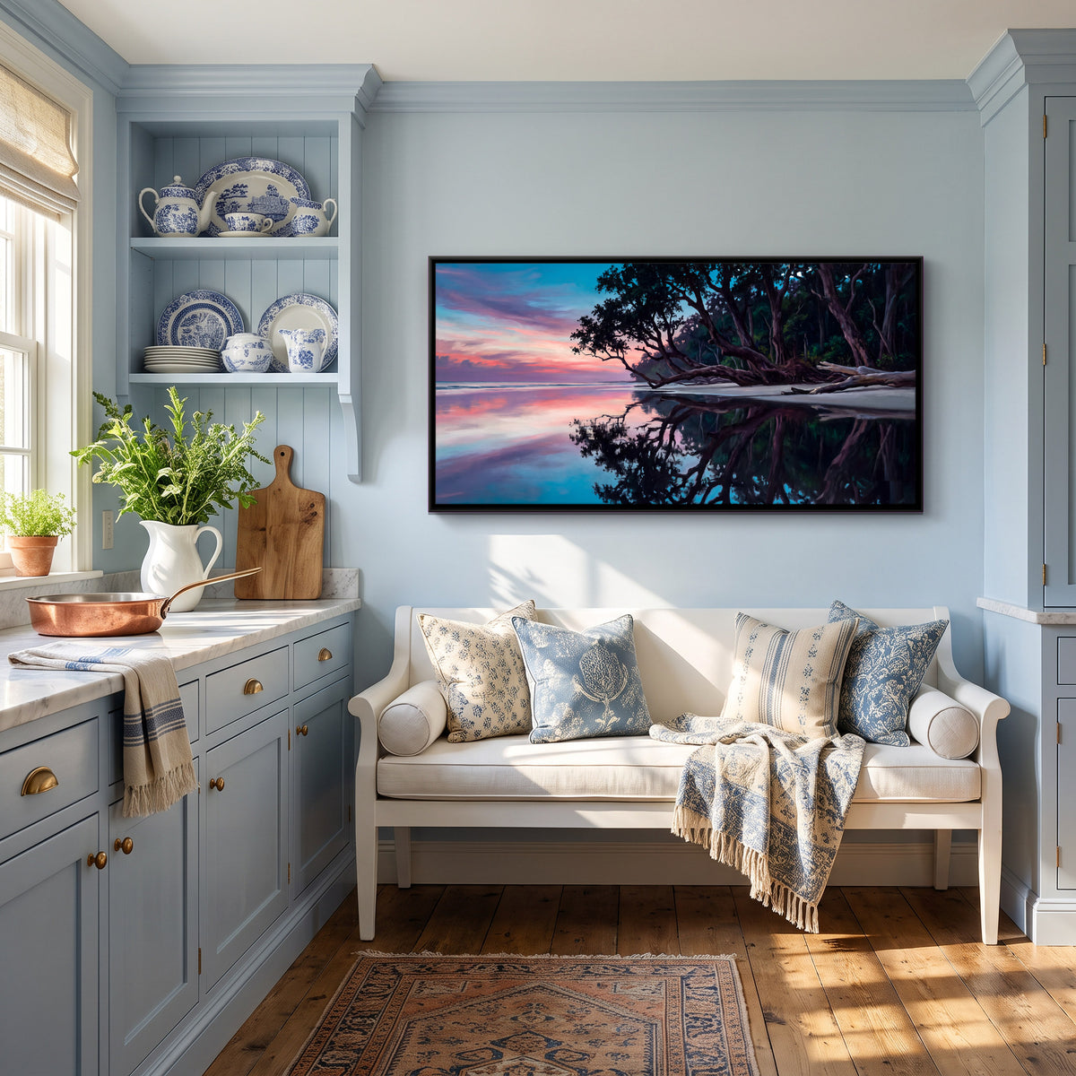 Fallen Tree Reflected at Sunset - canvas art shown in a second room setting