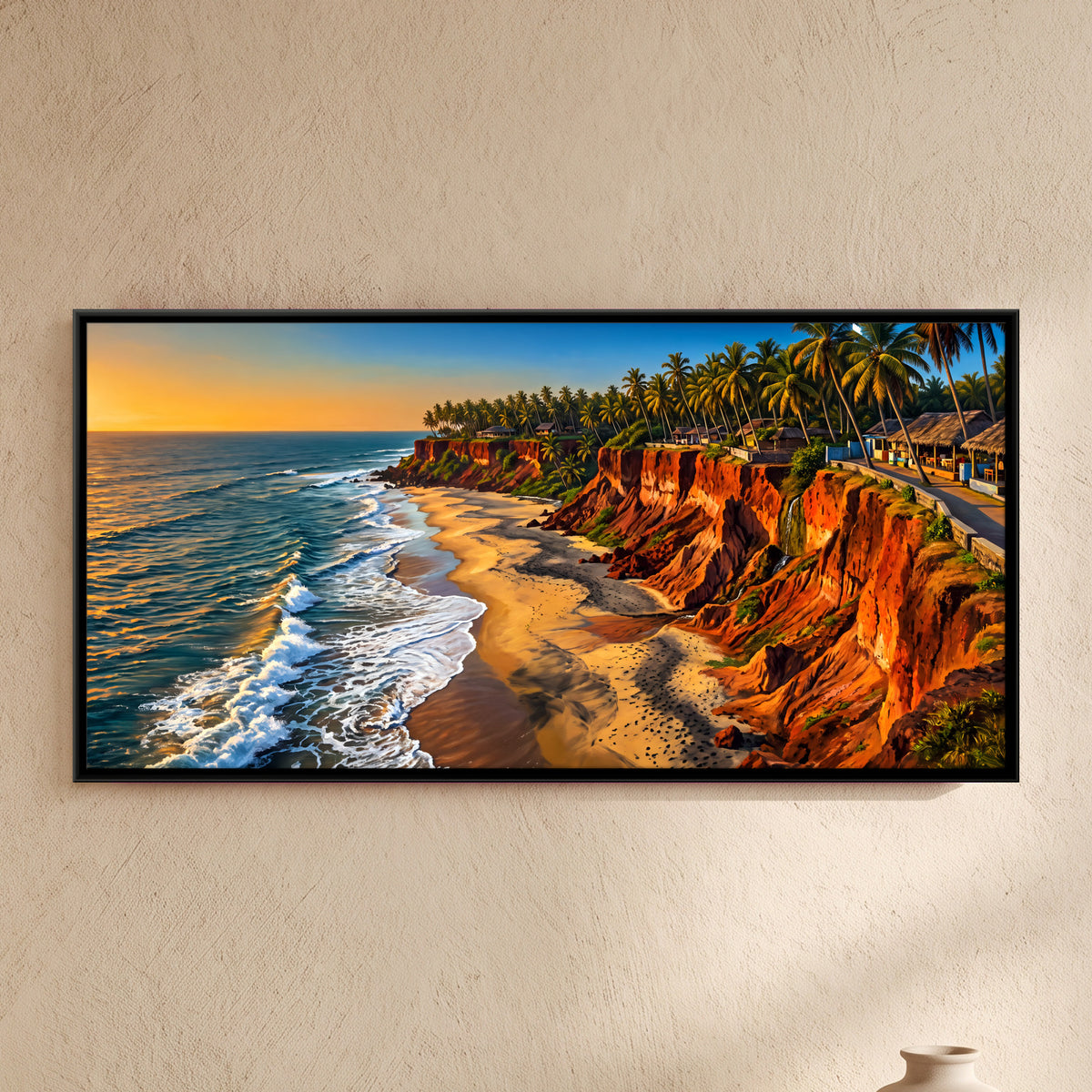 Red Cliffs above a Sunset Beach - framed canvas art hung on a wall