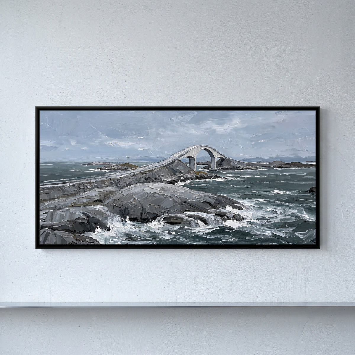 Arched Bridge over a Rocky Shore - framed canvas art hung on a wall