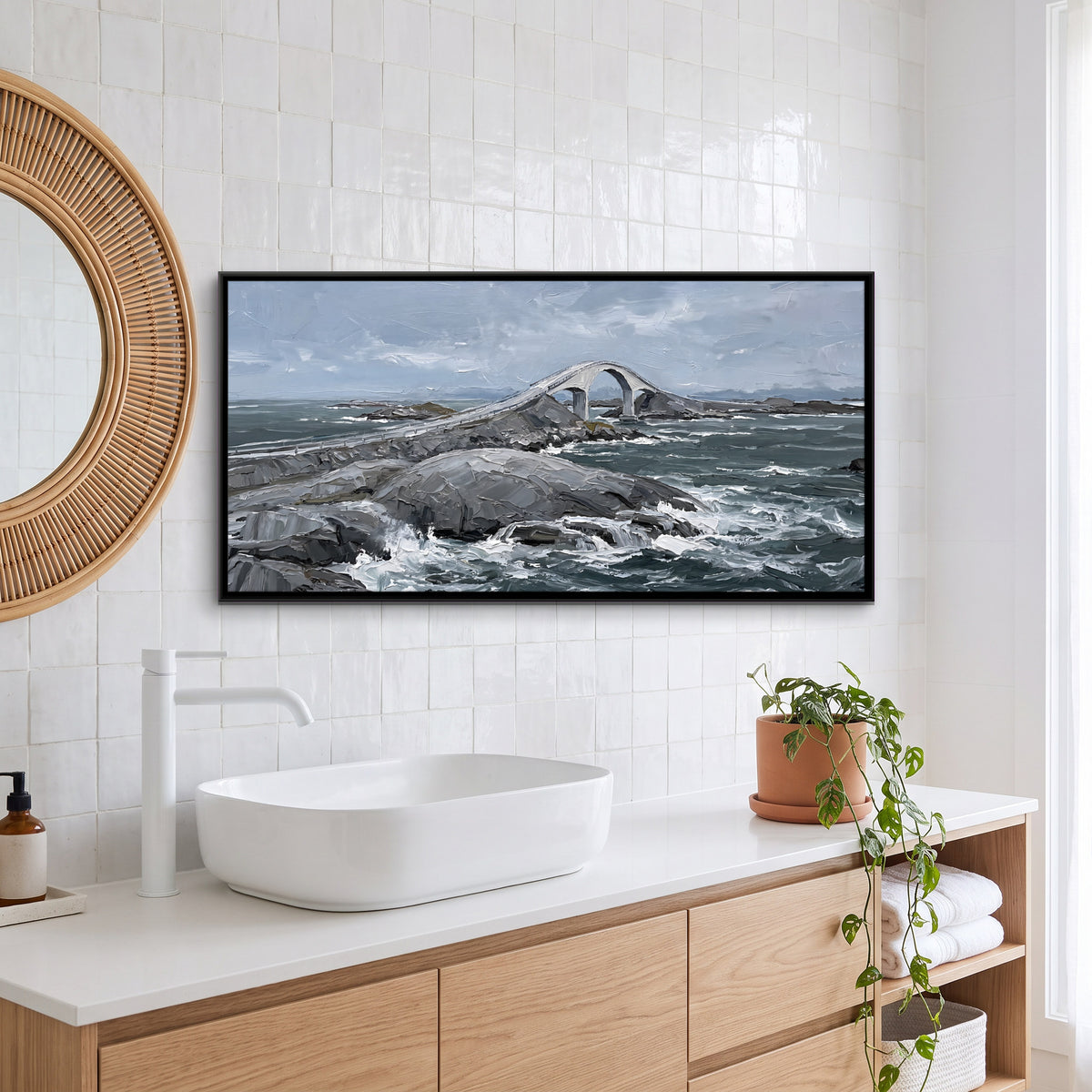 Arched Bridge over a Rocky Shore - canvas art shown in a styled room