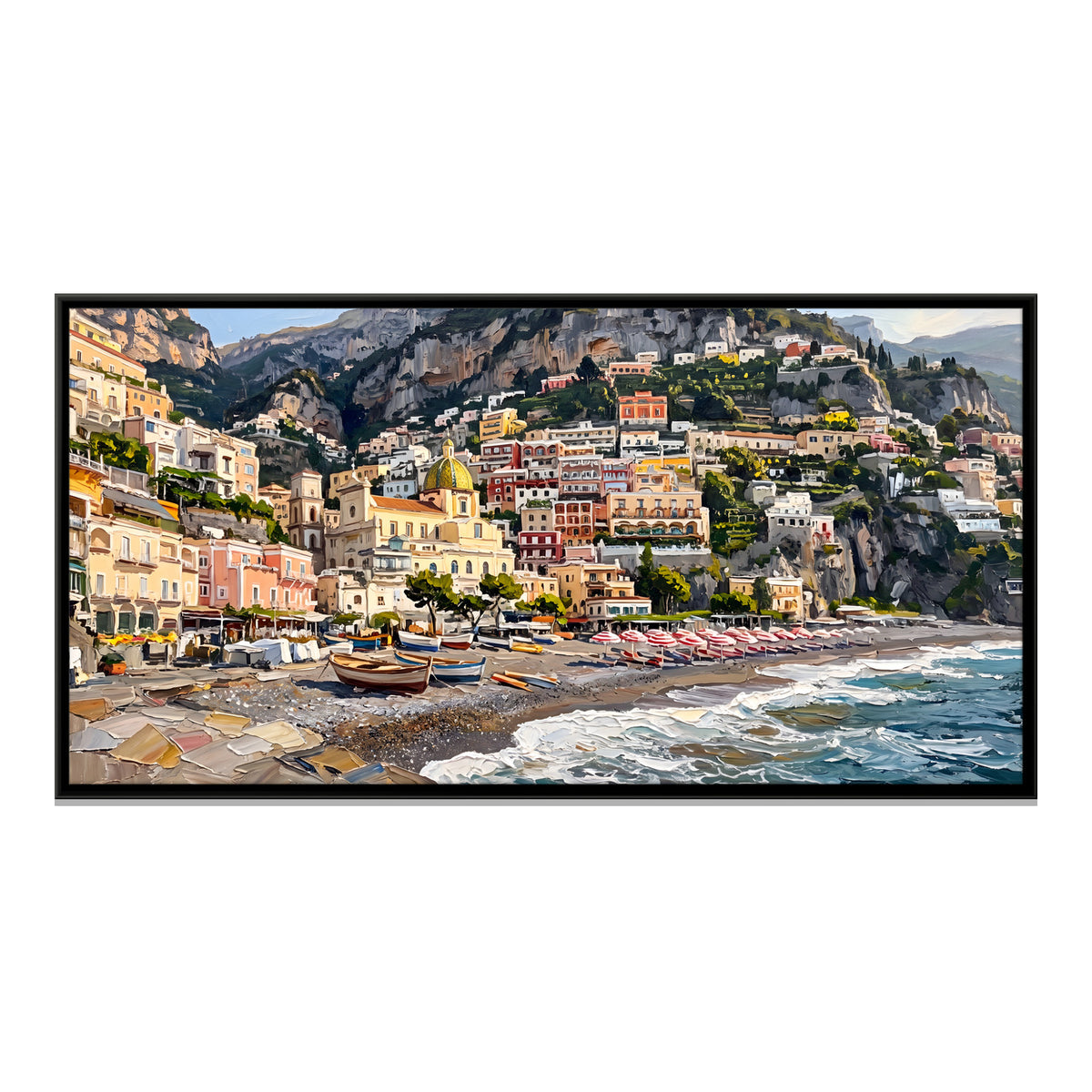 Cliffside Town Above a Pebble Beach - framed canvas print, front view