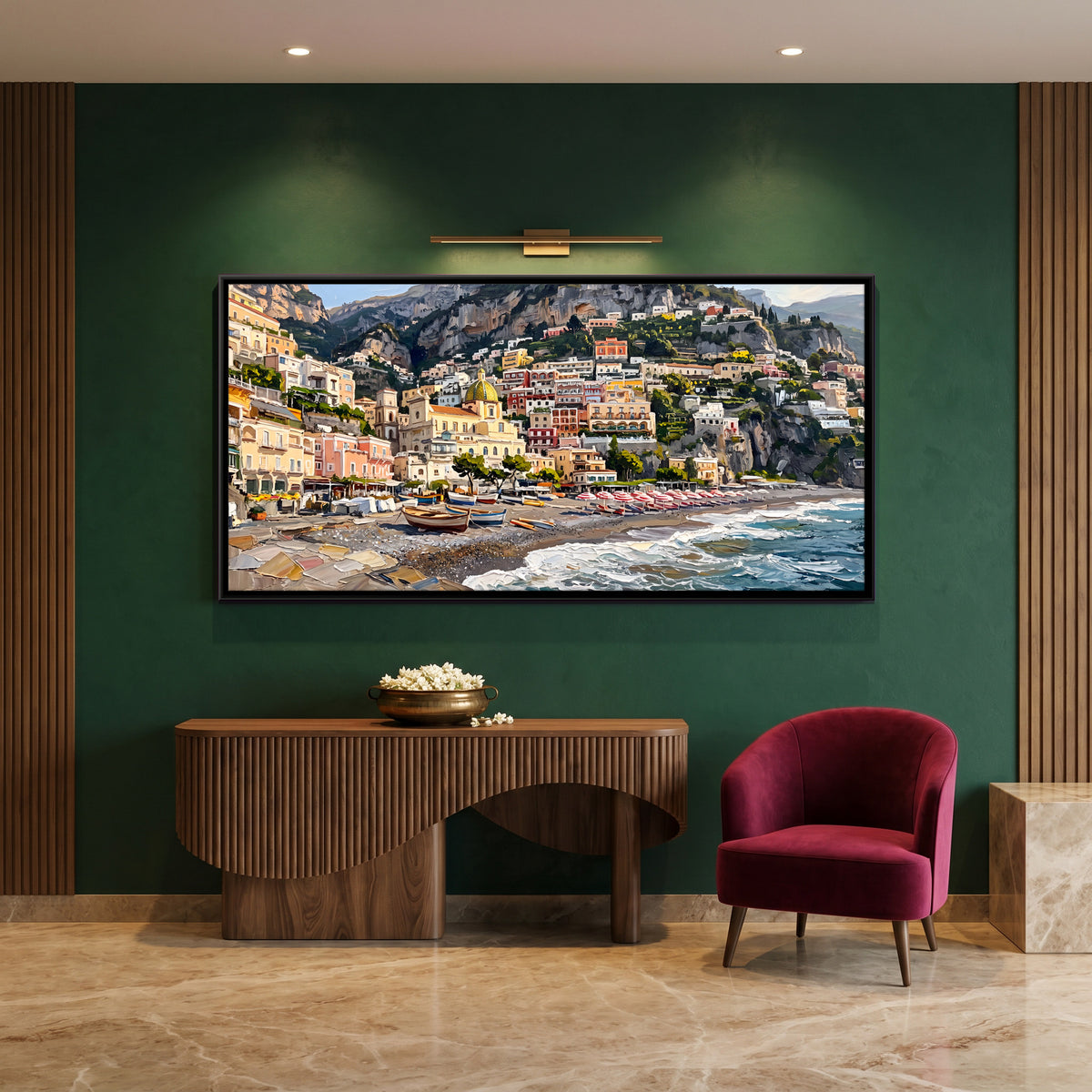 Cliffside Town Above a Pebble Beach - canvas art shown in a second room setting