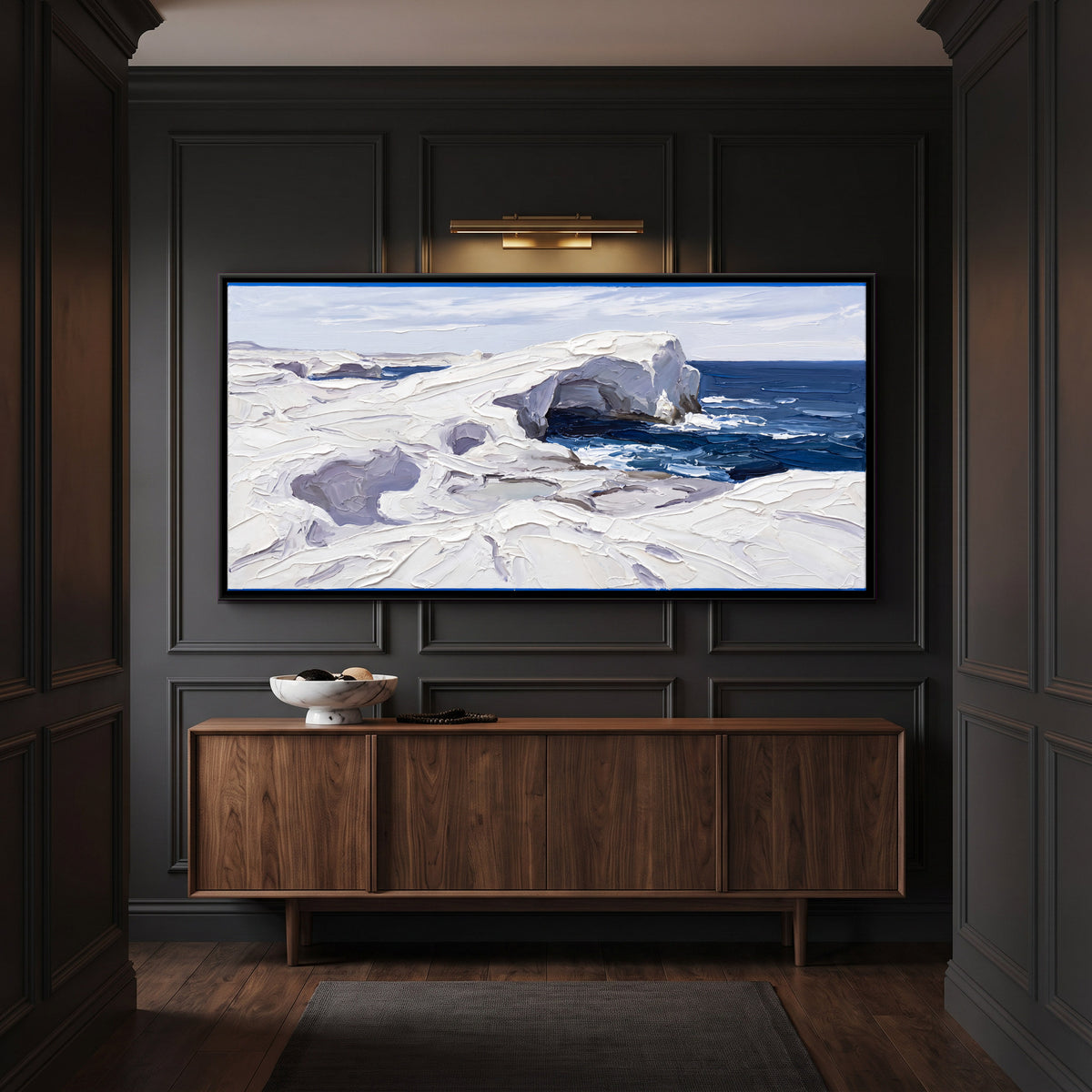White Rocks Above a Blue Sea - canvas art shown in a second room setting