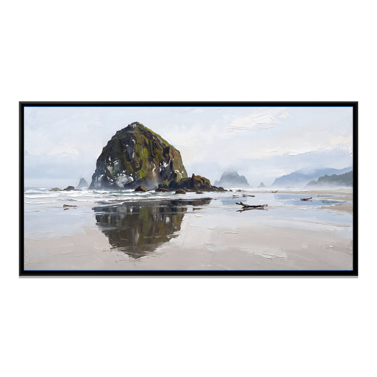 Sea Stack Reflected in Wet Sand - framed canvas print, front view