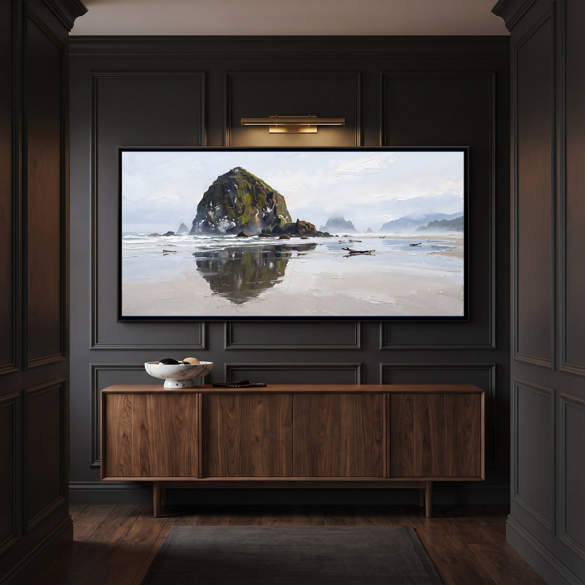 Sea Stack Reflected in Wet Sand - canvas art shown in a second room setting