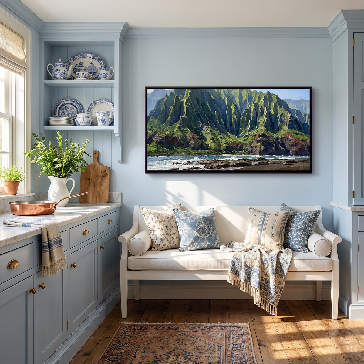 Na Pali Coast Cliffs - canvas art shown in a styled room