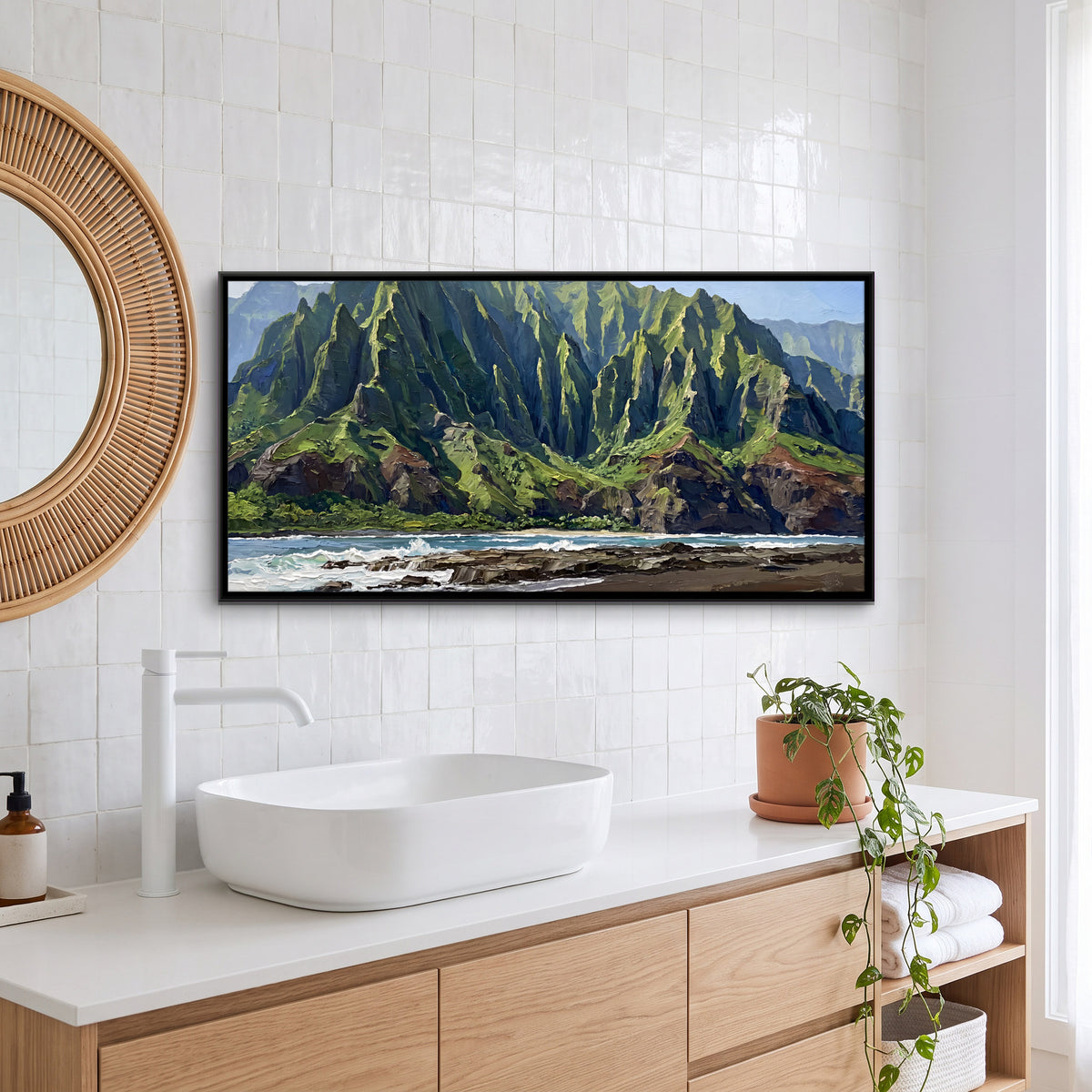 Na Pali Coast Cliffs - canvas art shown in a second room setting