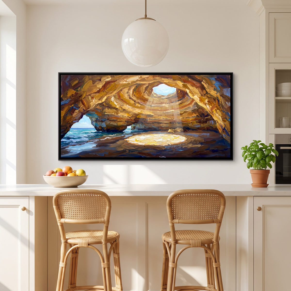 Sunlight in a Golden Sea Cave - canvas art shown in a styled room