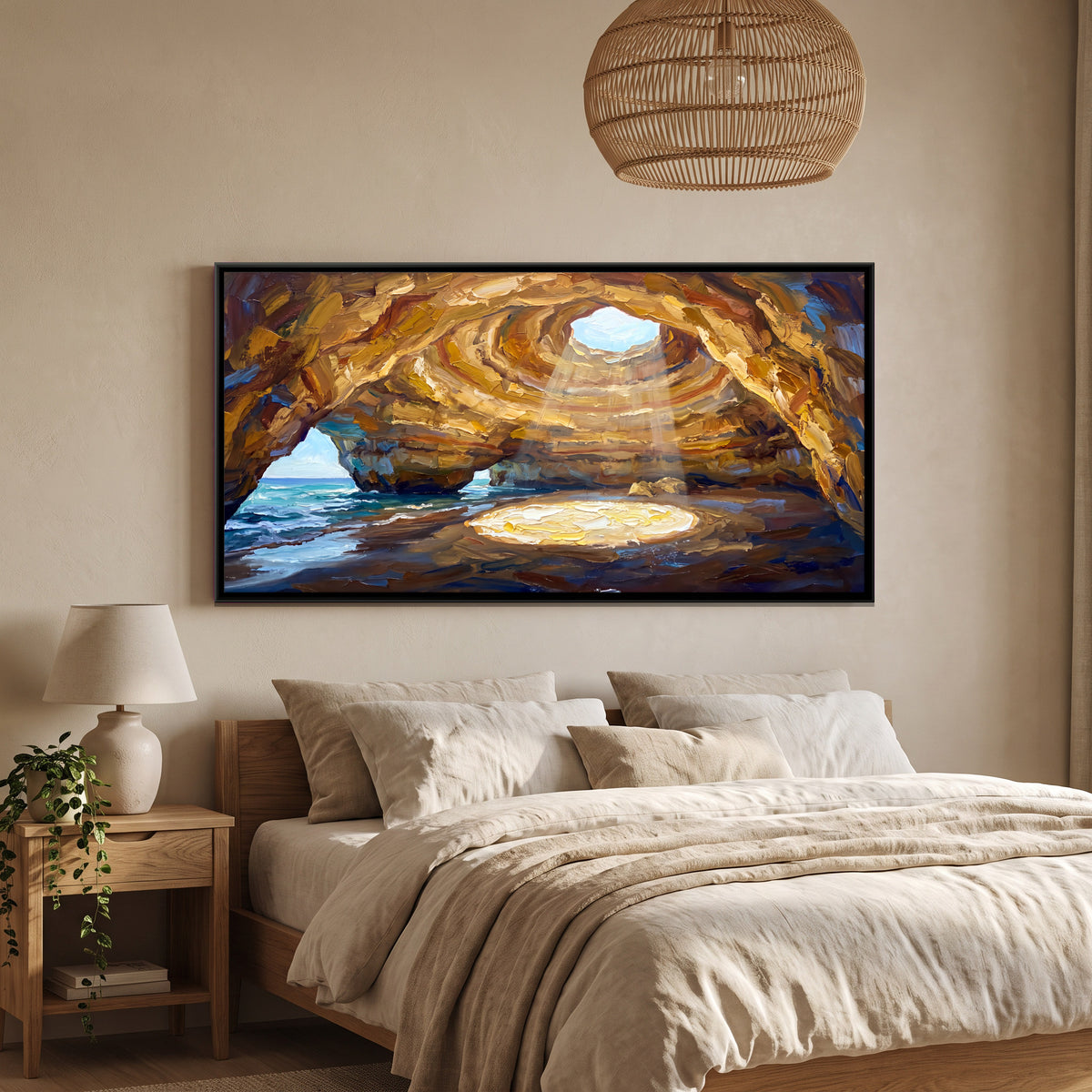 Sunlight in a Golden Sea Cave - canvas art shown in a second room setting