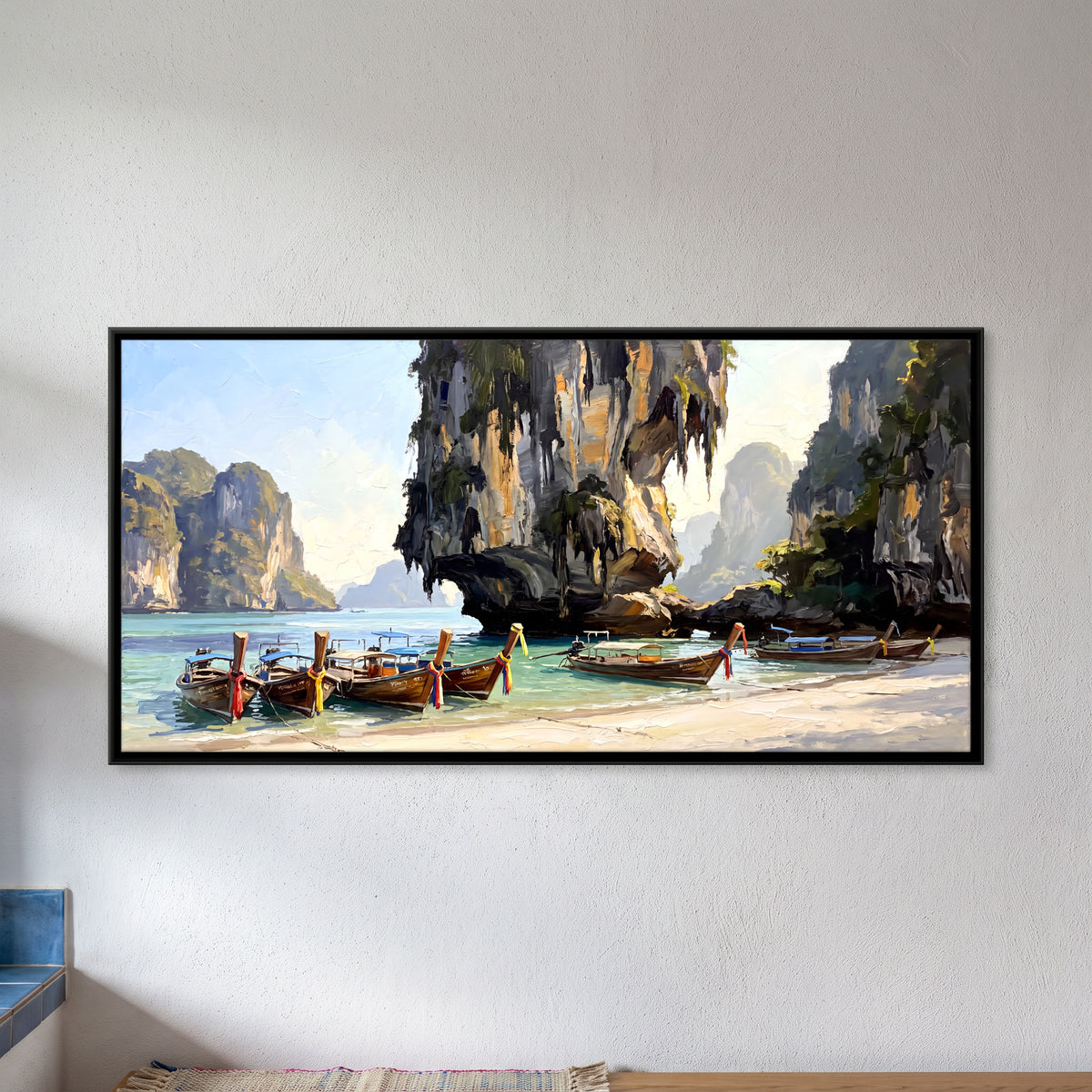 Longtail Boats below Limestone Cliffs - framed canvas art hung on a wall