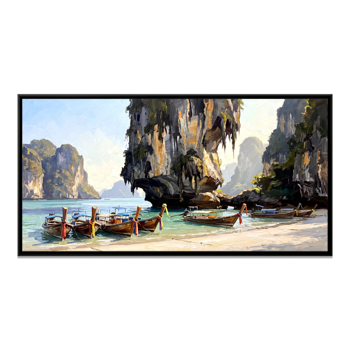 Longtail Boats below Limestone Cliffs - framed canvas print, front view