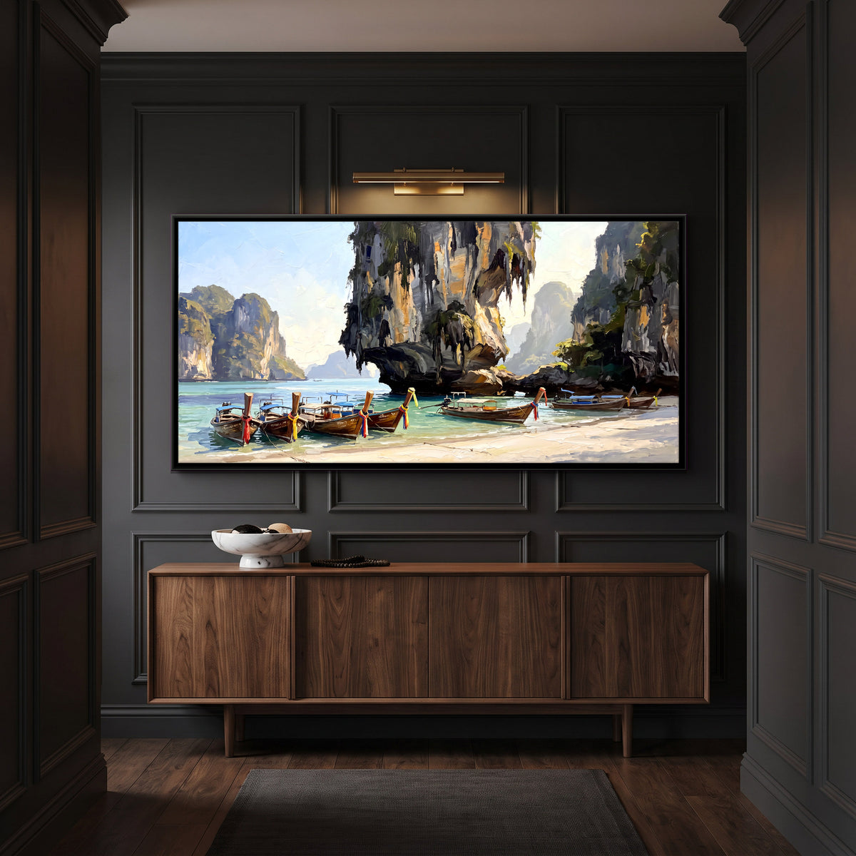 Longtail Boats below Limestone Cliffs - canvas art shown in a second room setting