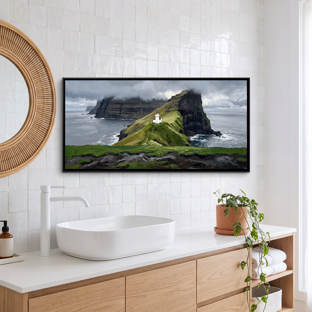 Lighthouse on a Green Headland - canvas art shown in a styled room