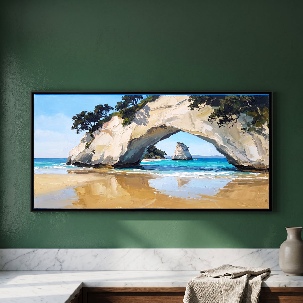 Sea Arch on a Sandy Beach - framed canvas art hung on a wall