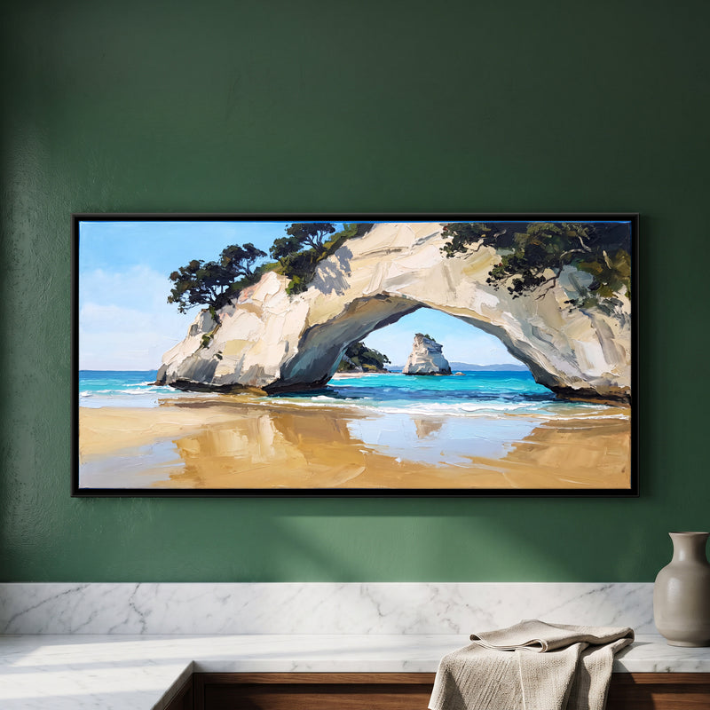 Sea Arch on a Sandy Beach - framed canvas art hung on a wall