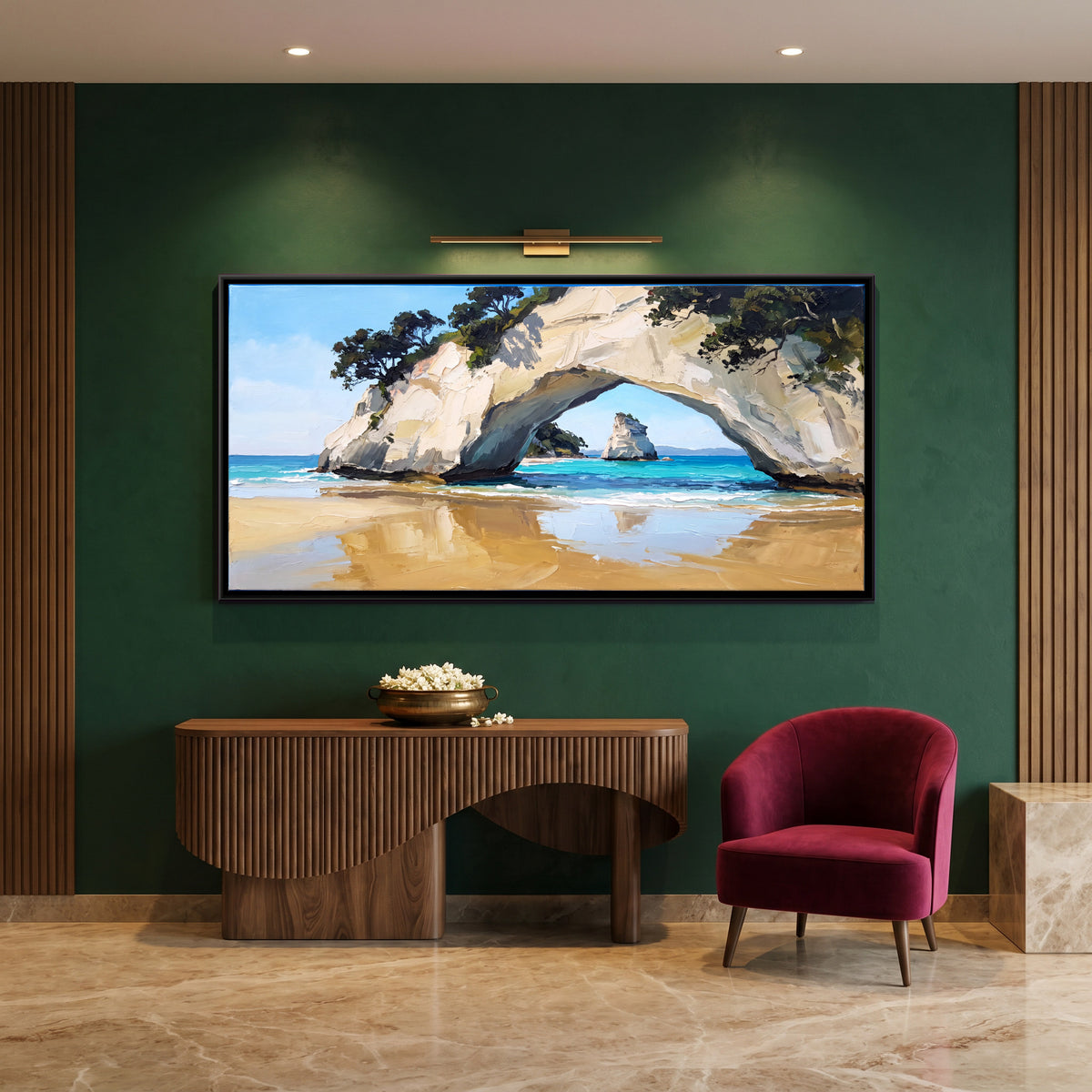 Sea Arch on a Sandy Beach - canvas art shown in a styled room