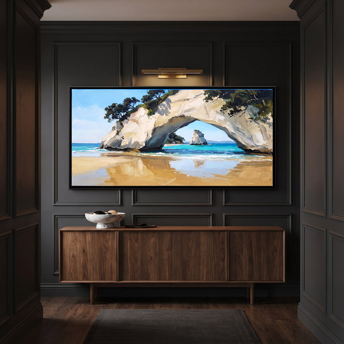 Sea Arch on a Sandy Beach - canvas art shown in a second room setting