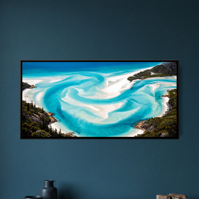 Swirling Sandbars in a Turquoise Inlet - framed canvas art hung on a wall