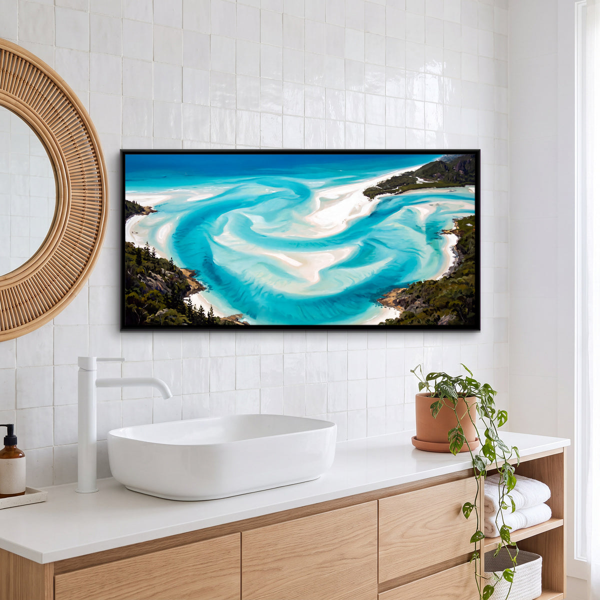 Swirling Sandbars in a Turquoise Inlet - canvas art shown in a styled room