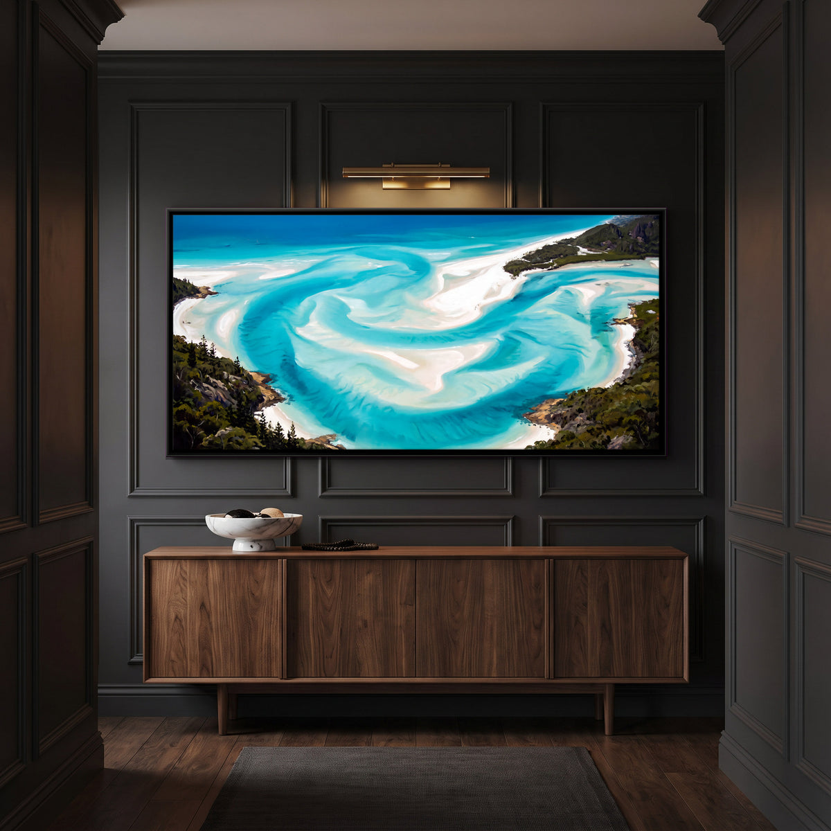 Swirling Sandbars in a Turquoise Inlet - canvas art shown in a second room setting