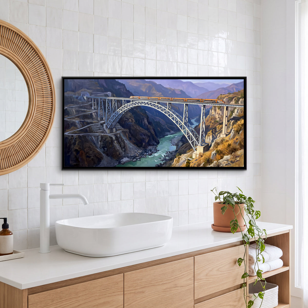 Vande Bharat Crossing the Chenab Bridge - canvas art shown in a styled room