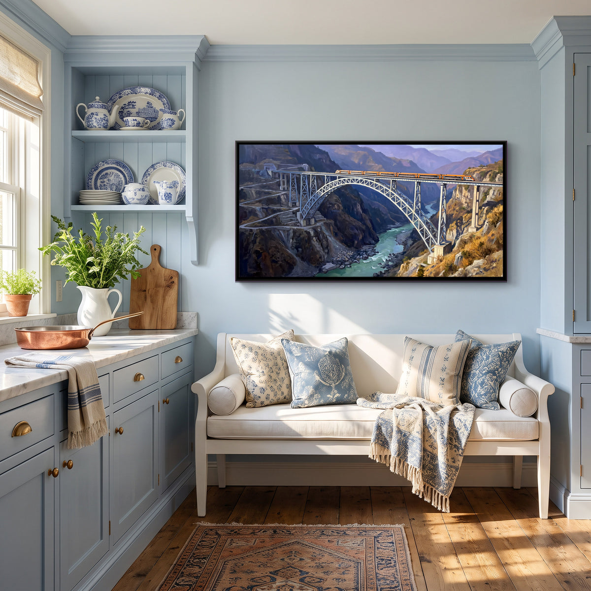 Vande Bharat Crossing the Chenab Bridge - canvas art shown in a second room setting