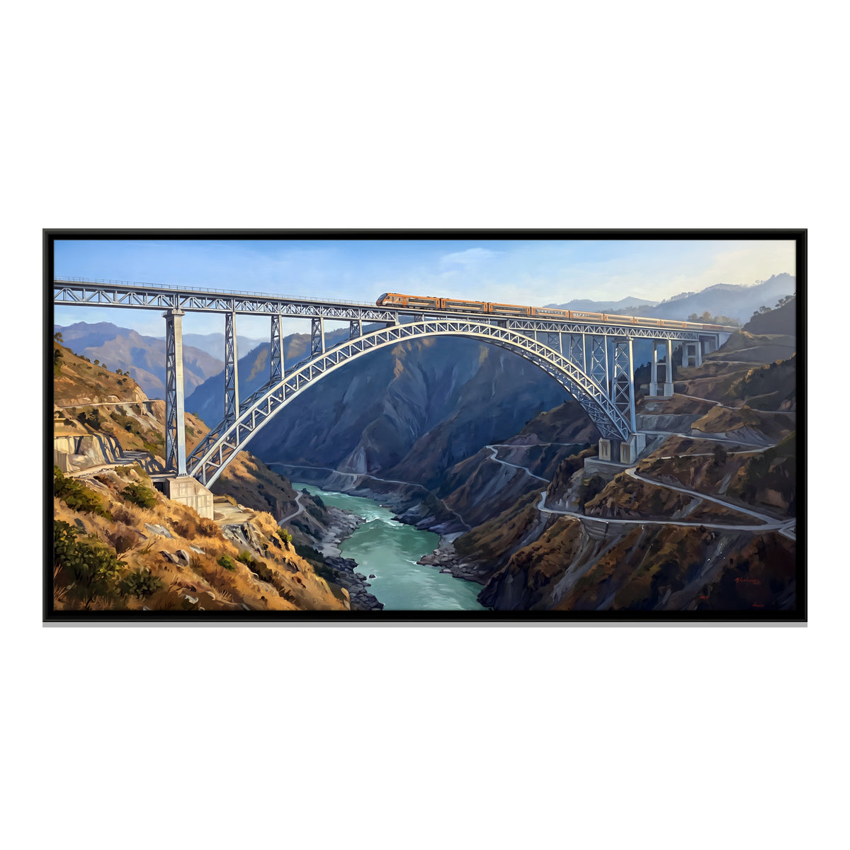 Vande Bharat Crossing the Chenab Bridge - framed canvas print, front view