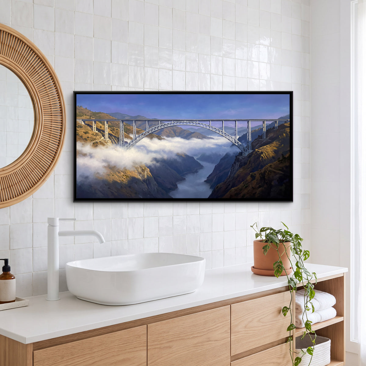 Chenab Bridge Above the Clouds - canvas art shown in a styled room