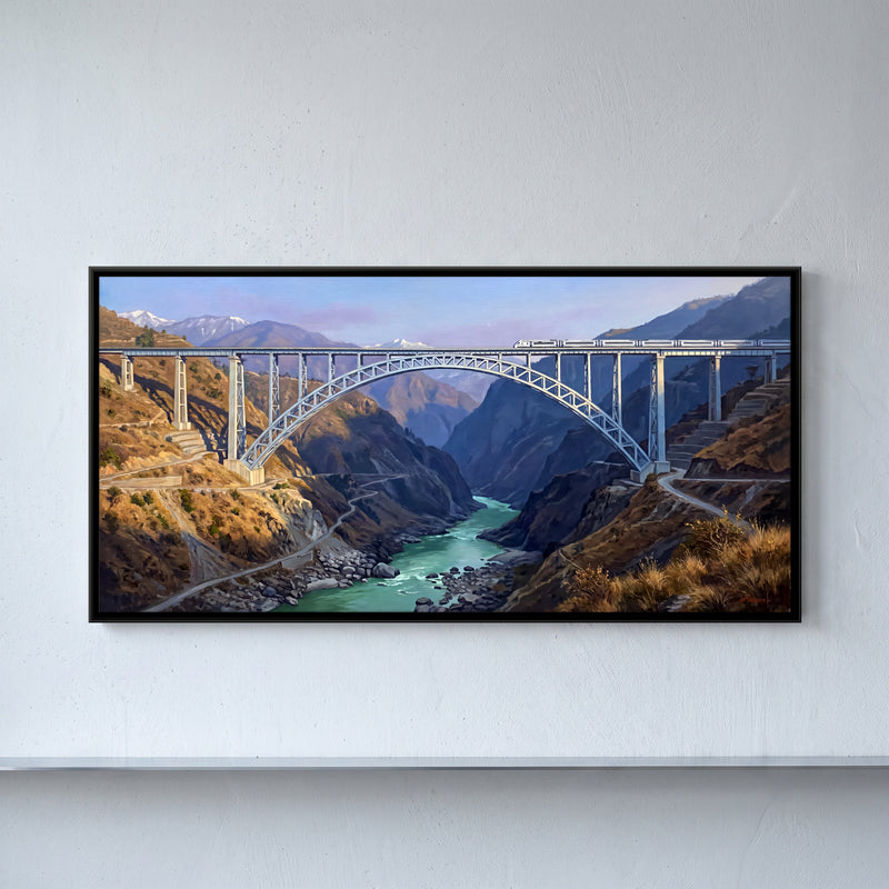 Vande Bharat Crossing the Chenab Bridge - framed canvas art hung on a wall