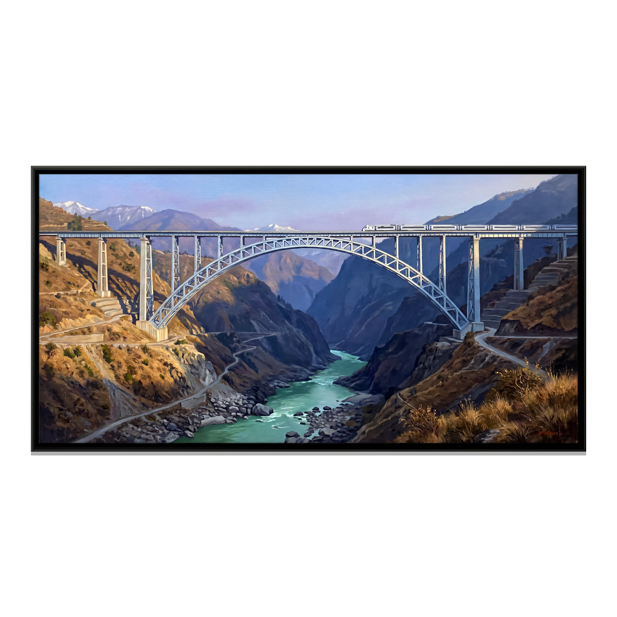 Vande Bharat Crossing the Chenab Bridge - framed canvas print, front view