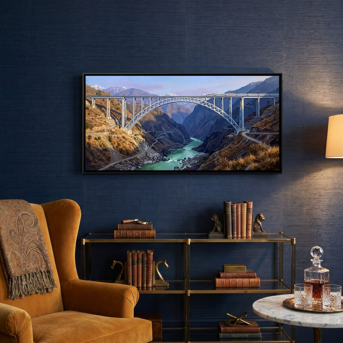 Vande Bharat Crossing the Chenab Bridge - canvas art shown in a styled room
