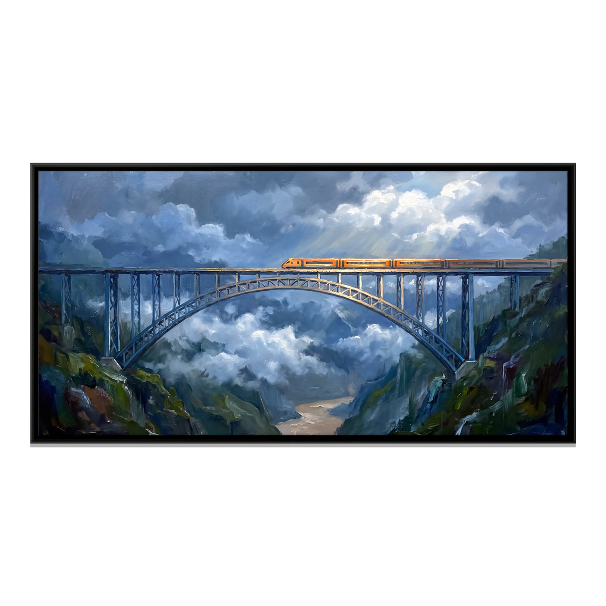 Chenab Bridge in the Monsoon - framed canvas print, front view