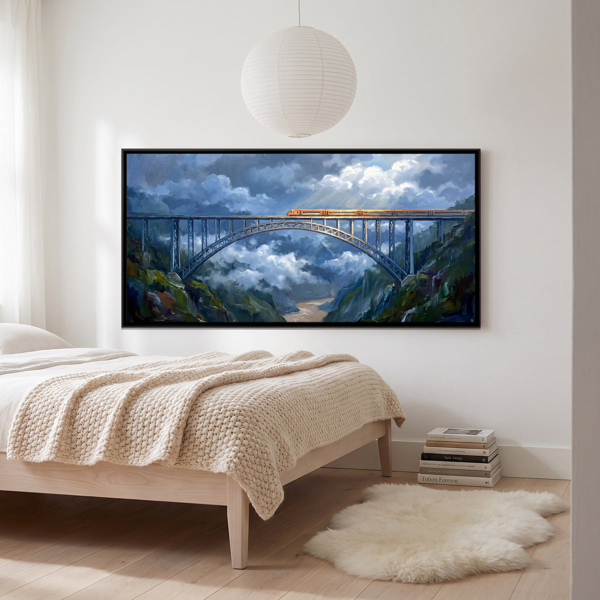 Chenab Bridge in the Monsoon - canvas art shown in a second room setting