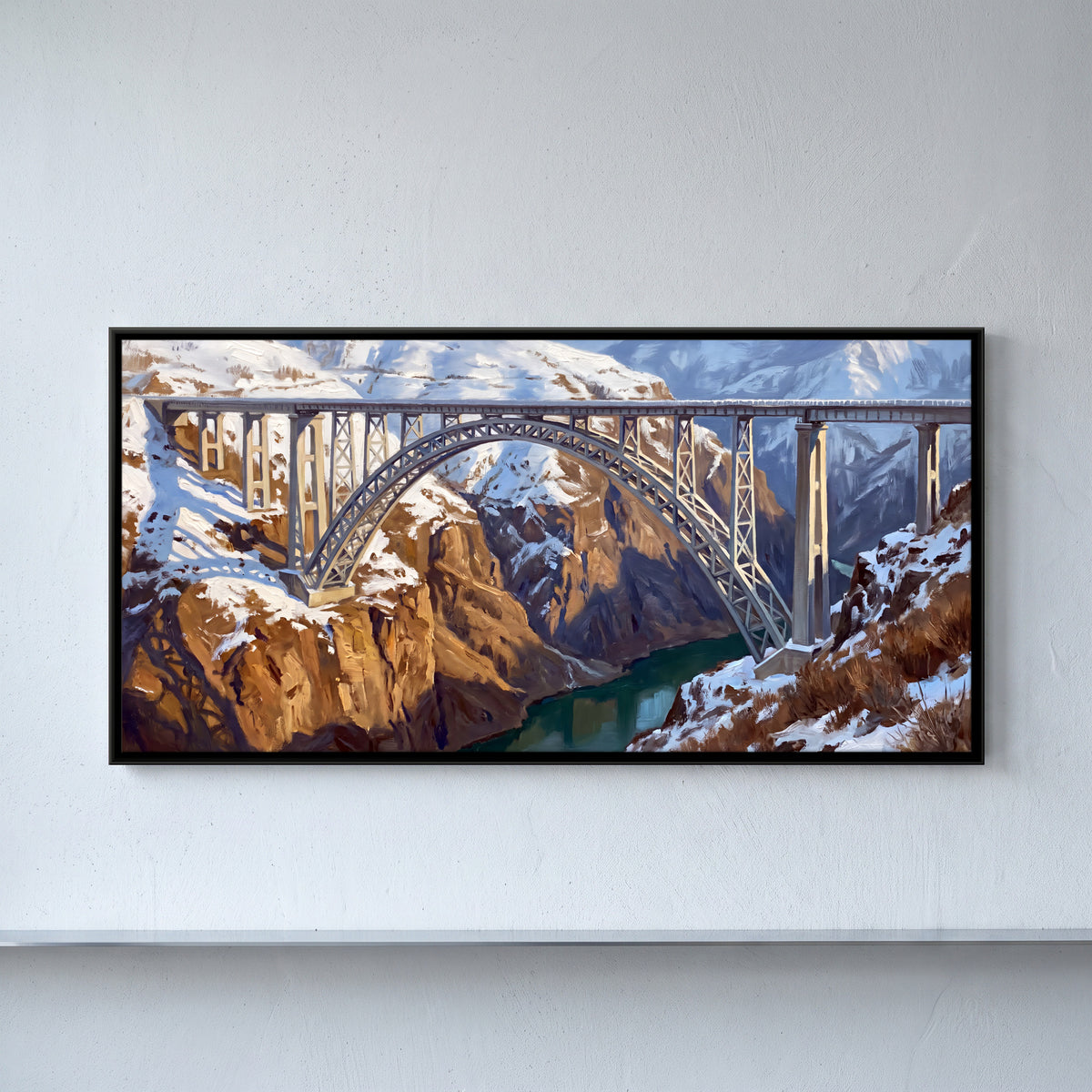 Chenab Bridge in Winter Snow - framed canvas art hung on a wall