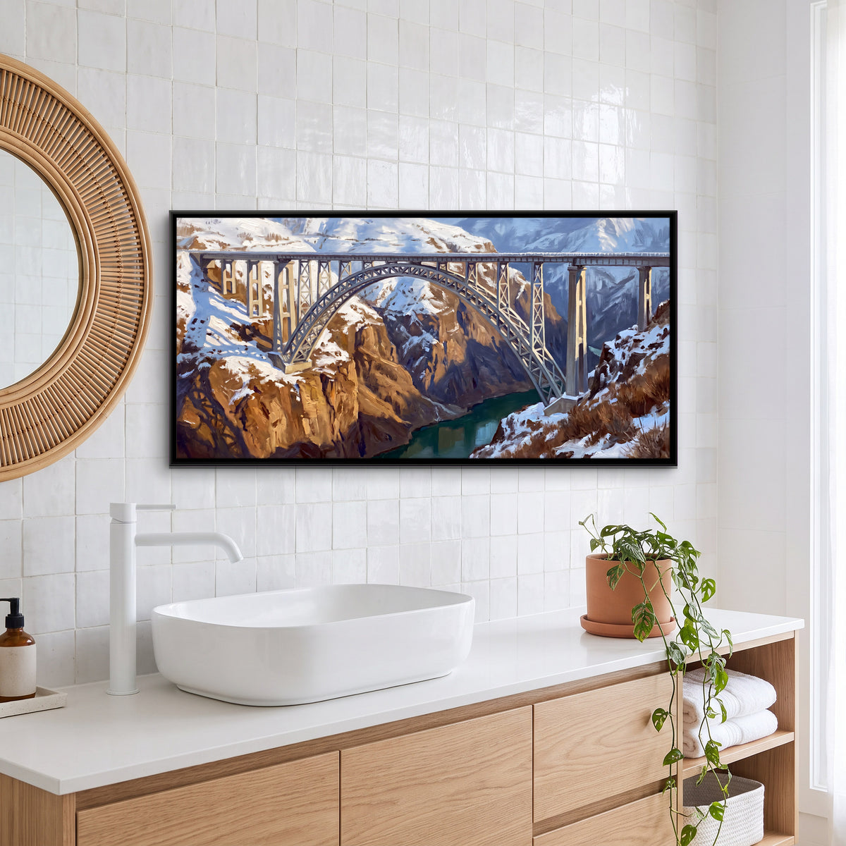 Chenab Bridge in Winter Snow - canvas art shown in a styled room