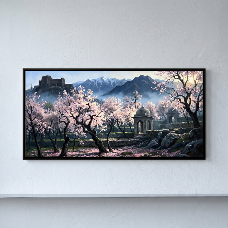 Almond Blossoms by a Stone Pavilion - framed canvas art hung on a wall