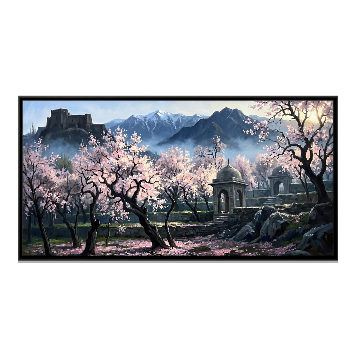Almond Blossoms by a Stone Pavilion - framed canvas print, front view