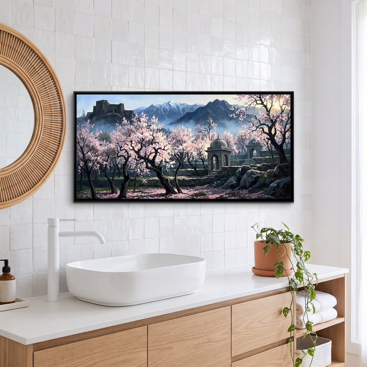 Almond Blossoms by a Stone Pavilion - canvas art shown in a second room setting