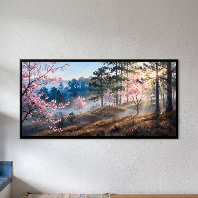Cherry Blossoms in a Misty Pine Forest - framed canvas art hung on a wall