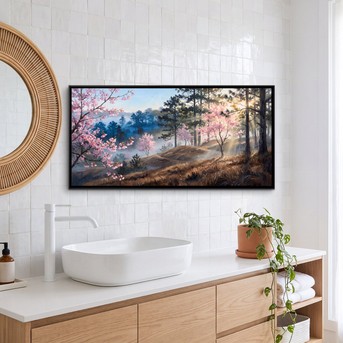 Cherry Blossoms in a Misty Pine Forest - canvas art shown in a styled room