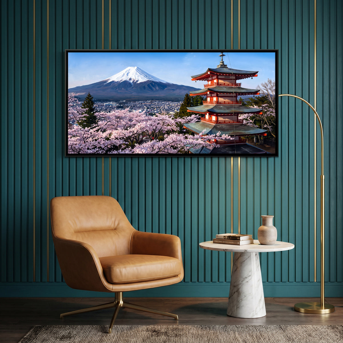 Mount Fuji with Pagoda and Cherry Blossoms - canvas art shown in a styled room