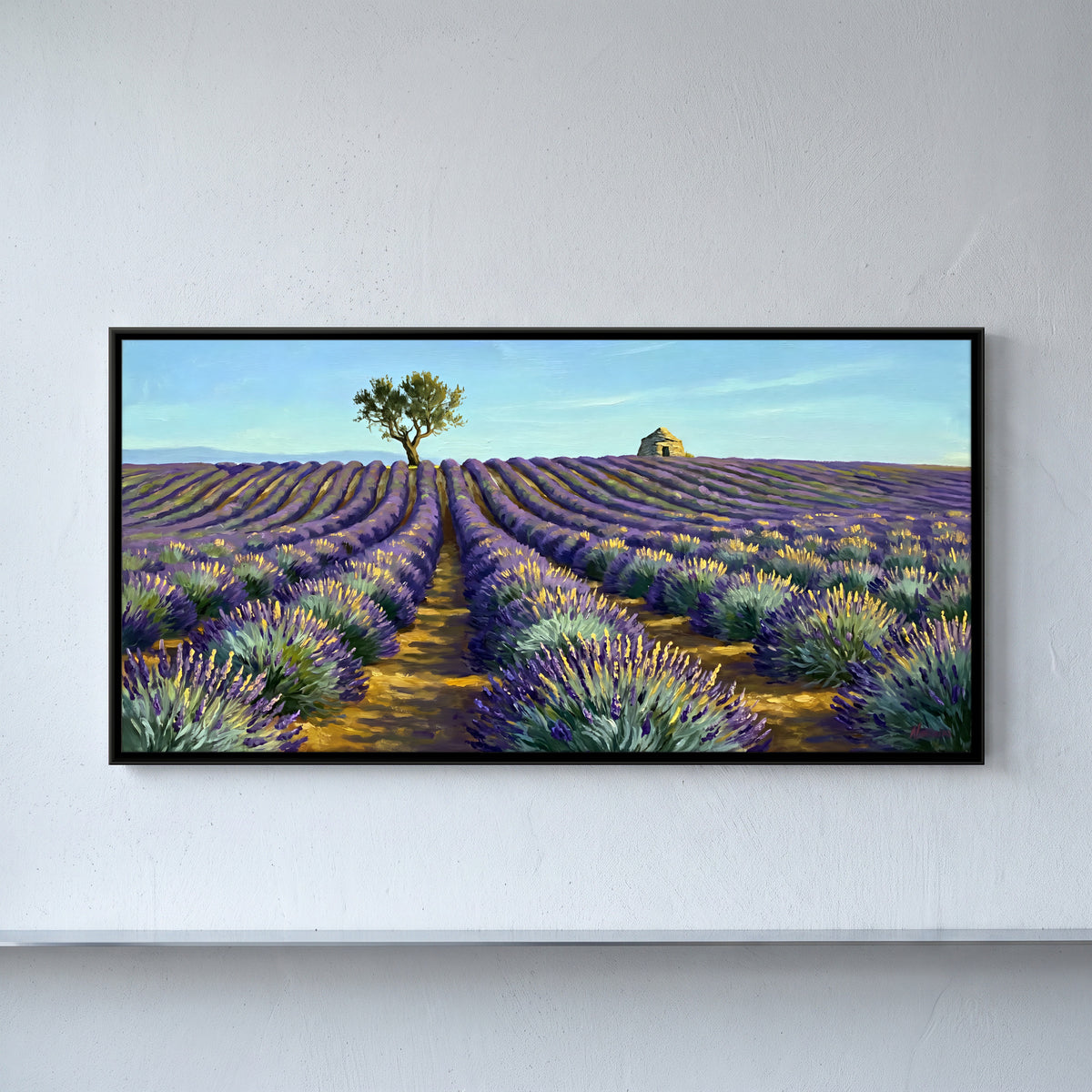 Lavender Field with a Lone Tree - framed canvas art hung on a wall