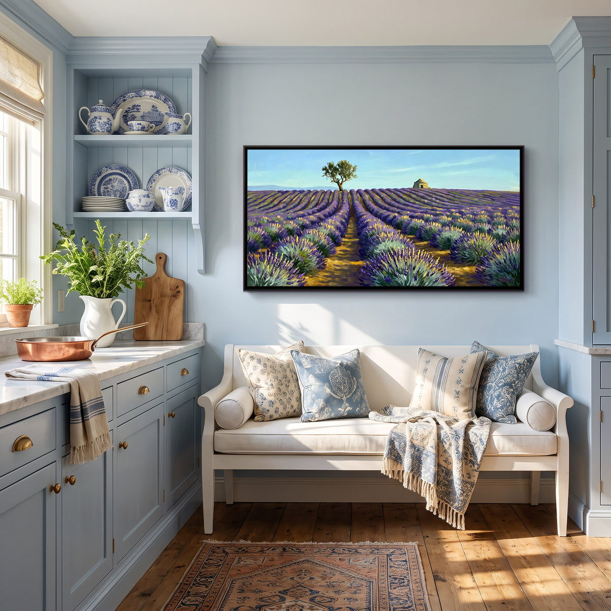 Lavender Field with a Lone Tree - canvas art shown in a styled room