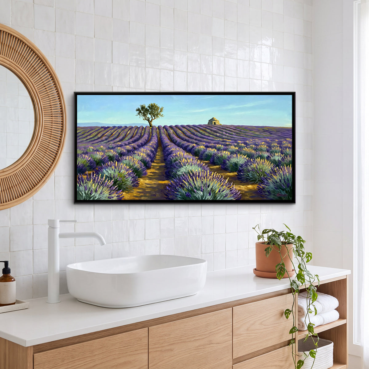 Lavender Field with a Lone Tree - canvas art shown in a second room setting