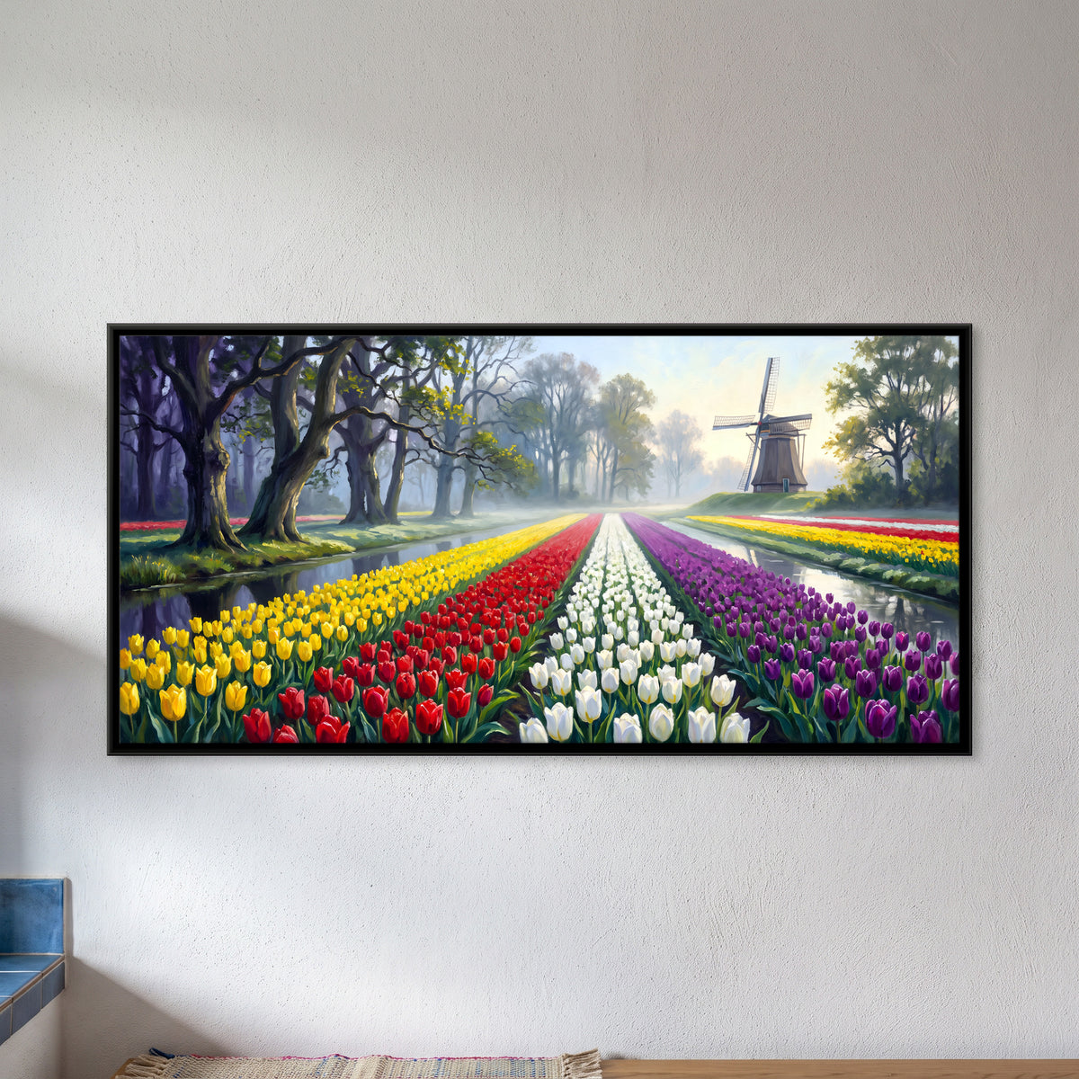 Tulip Fields with a Windmill - framed canvas art hung on a wall
