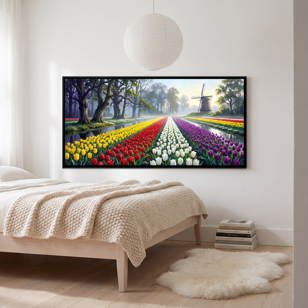 Tulip Fields with a Windmill - canvas art shown in a styled room