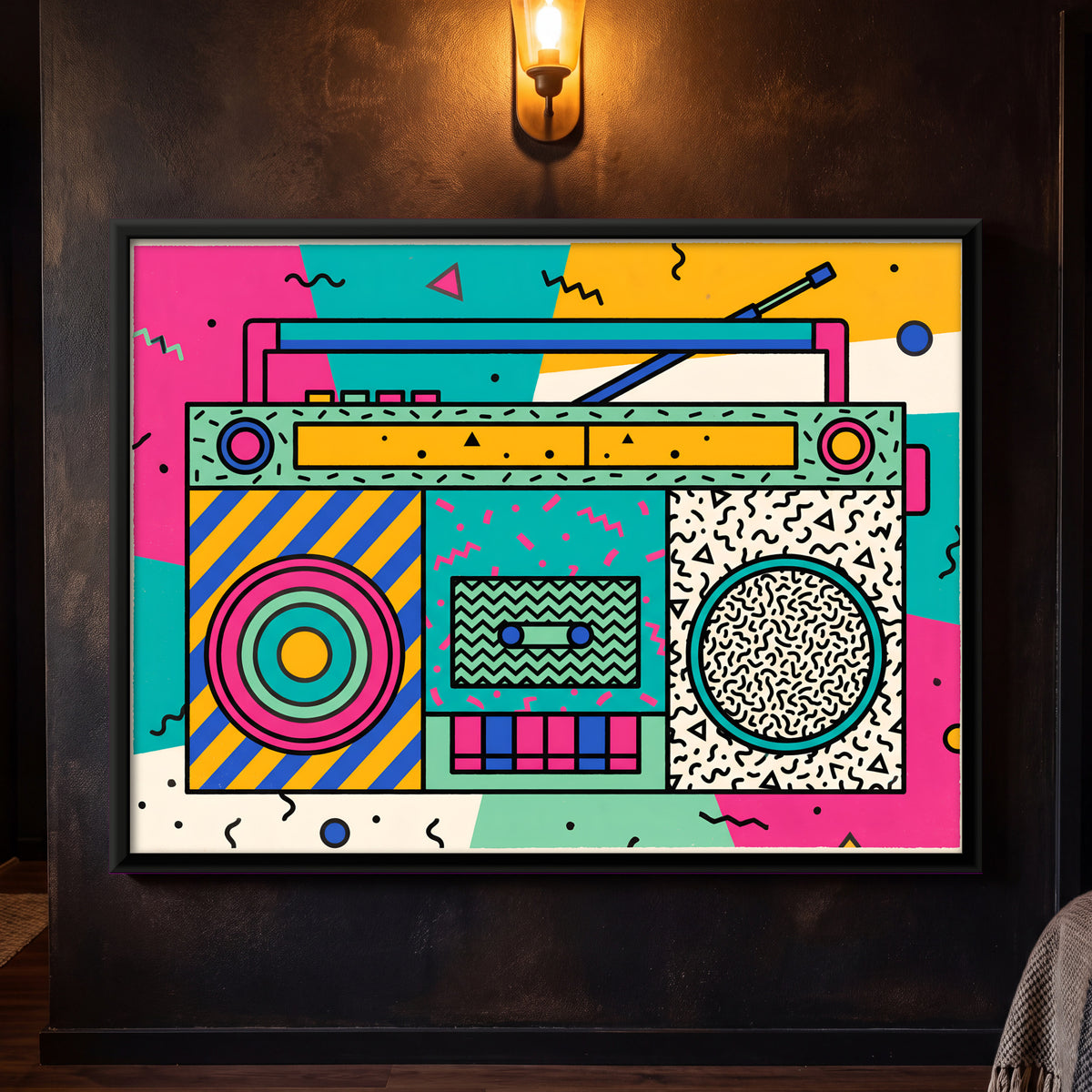 Cassette Boombox - framed canvas art hung on a wall