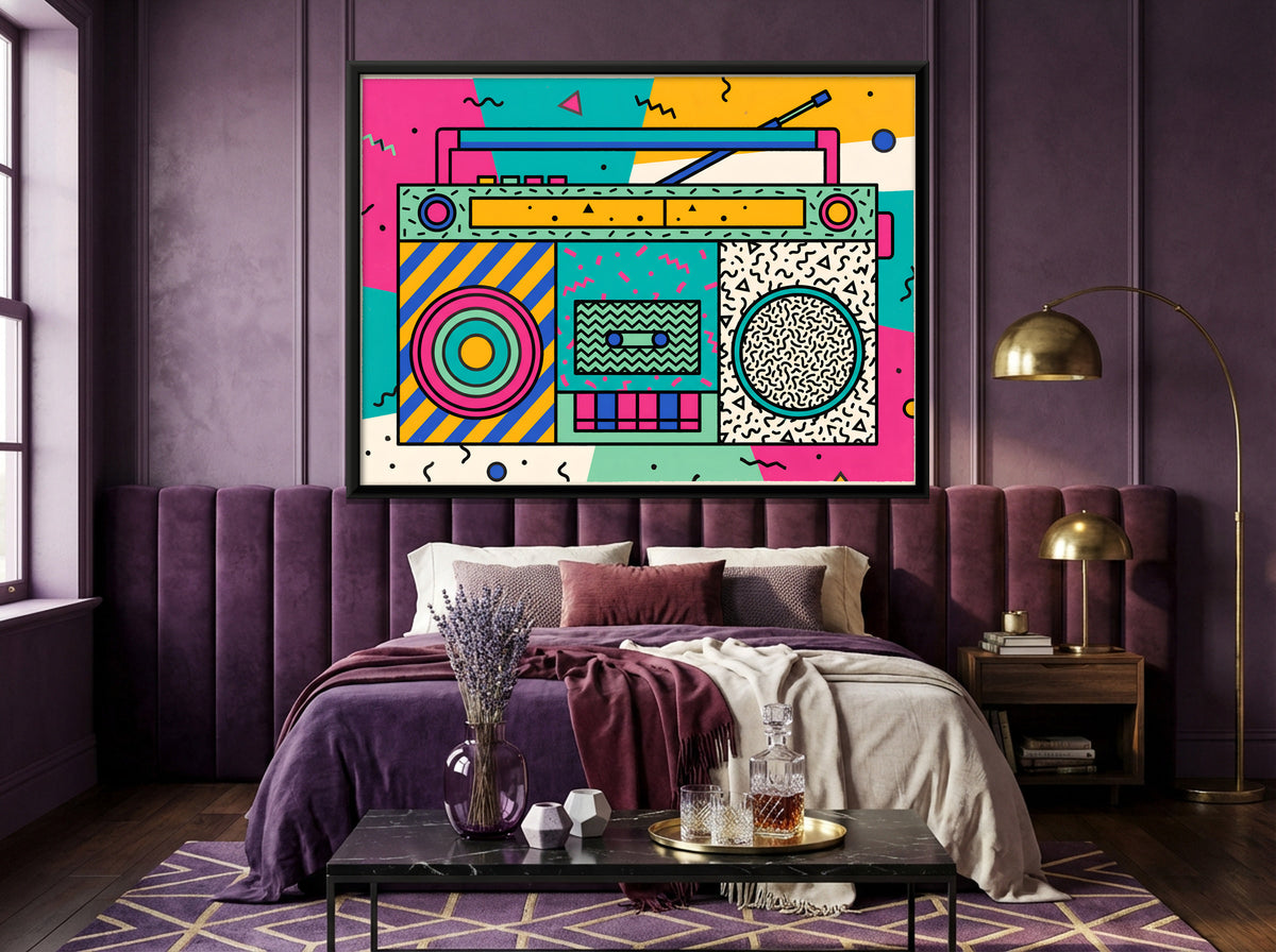 Cassette Boombox - canvas art shown in a styled room