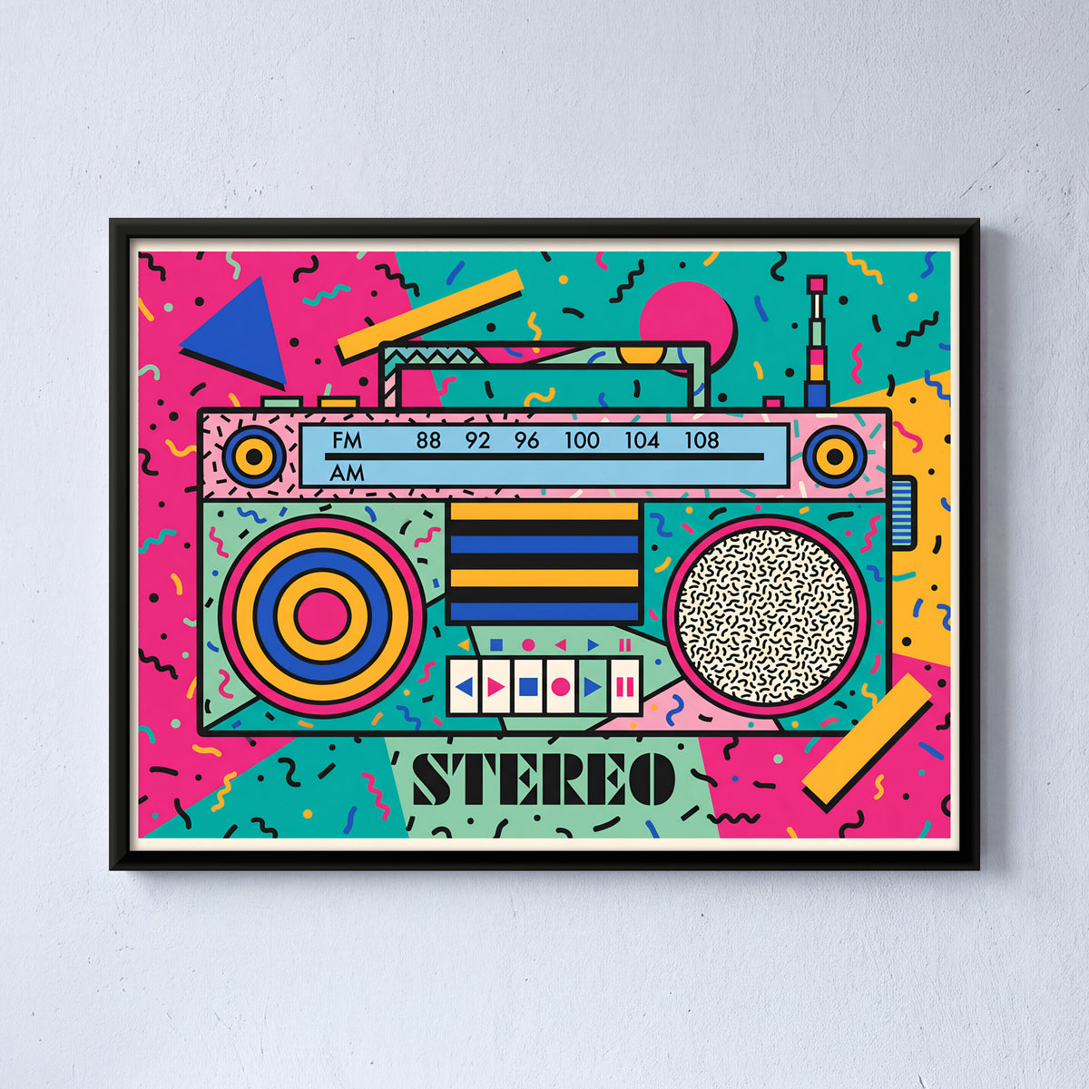 Boombox Stereo - framed canvas art hung on a wall