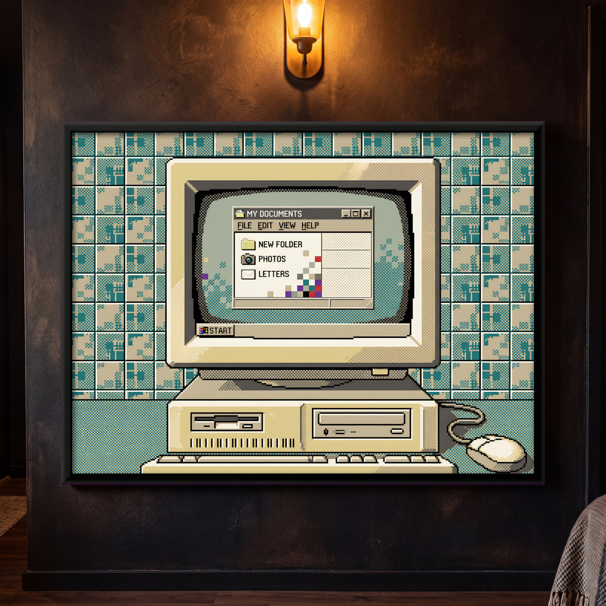 Vintage Desktop Computer - framed canvas art hung on a wall